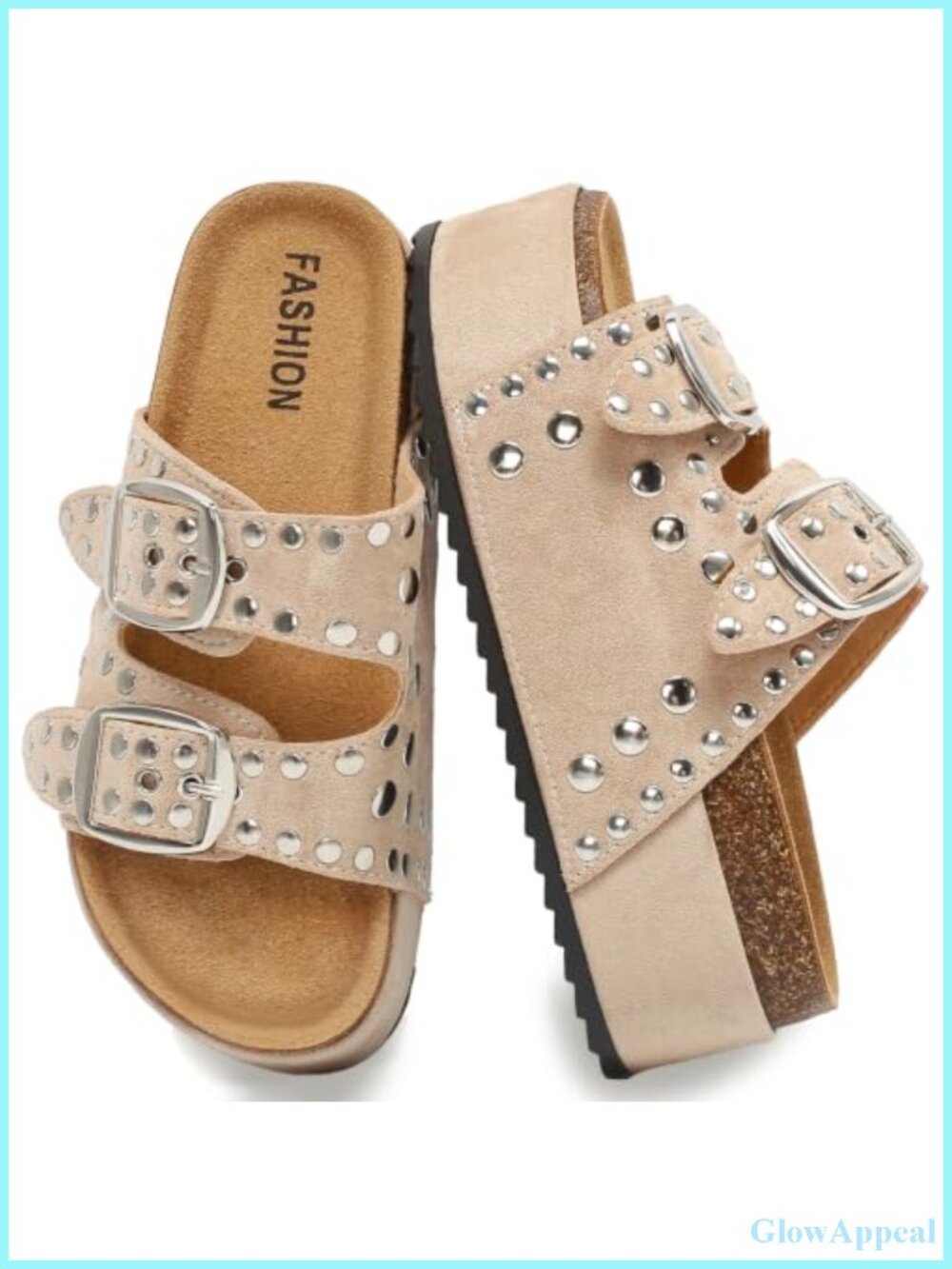 Studded Suede Platform Slides with Cork Footbed Double Buckle